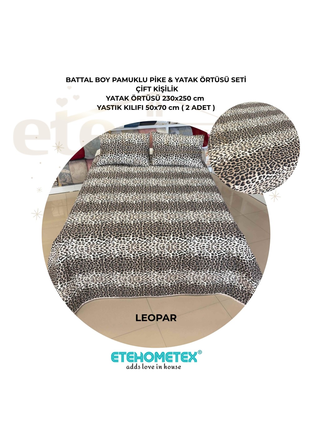ETEHOMETEX Battal Boy Pamuklu Kapitoneli Yatak Örtüsü Seti LEOPAR 8696474232094